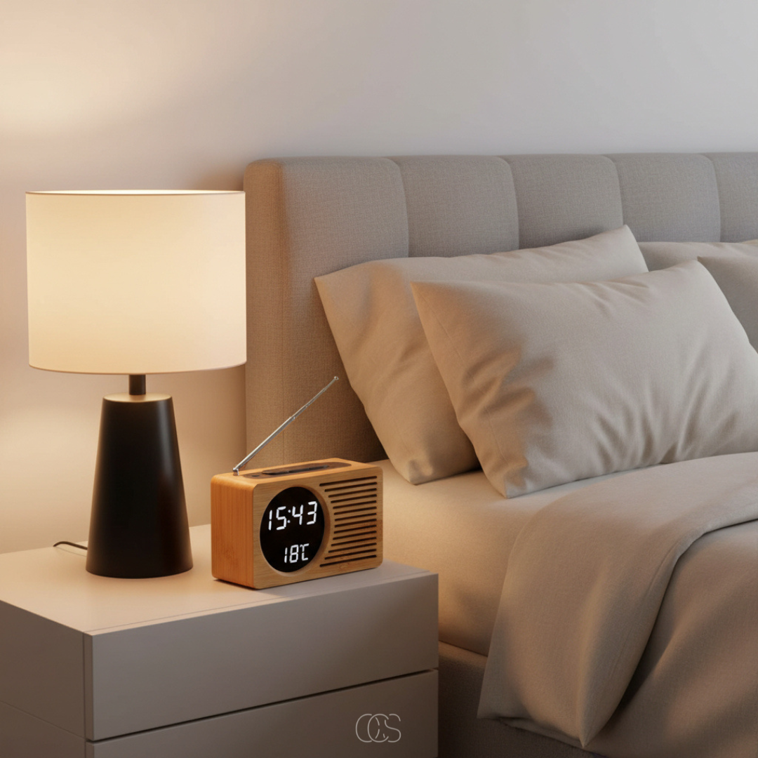 Elegante reloj despertador de madera con display digital LED y radio FM. Un toque natural para tu decoración.