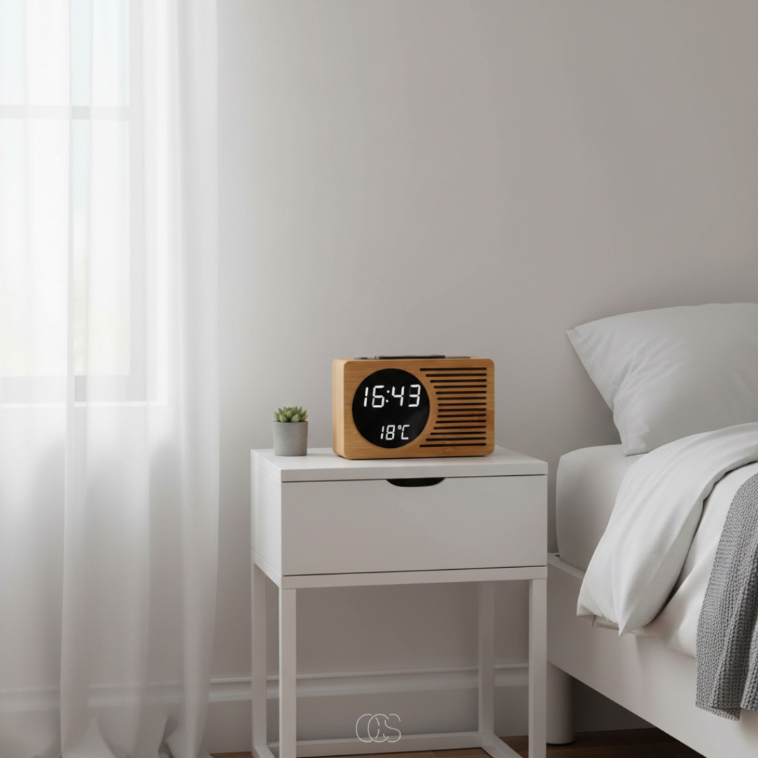Despertador de madera con radio FM y reloj digital. Diseño moderno para mesitas de noche y escritorios. Muestra temperatura.