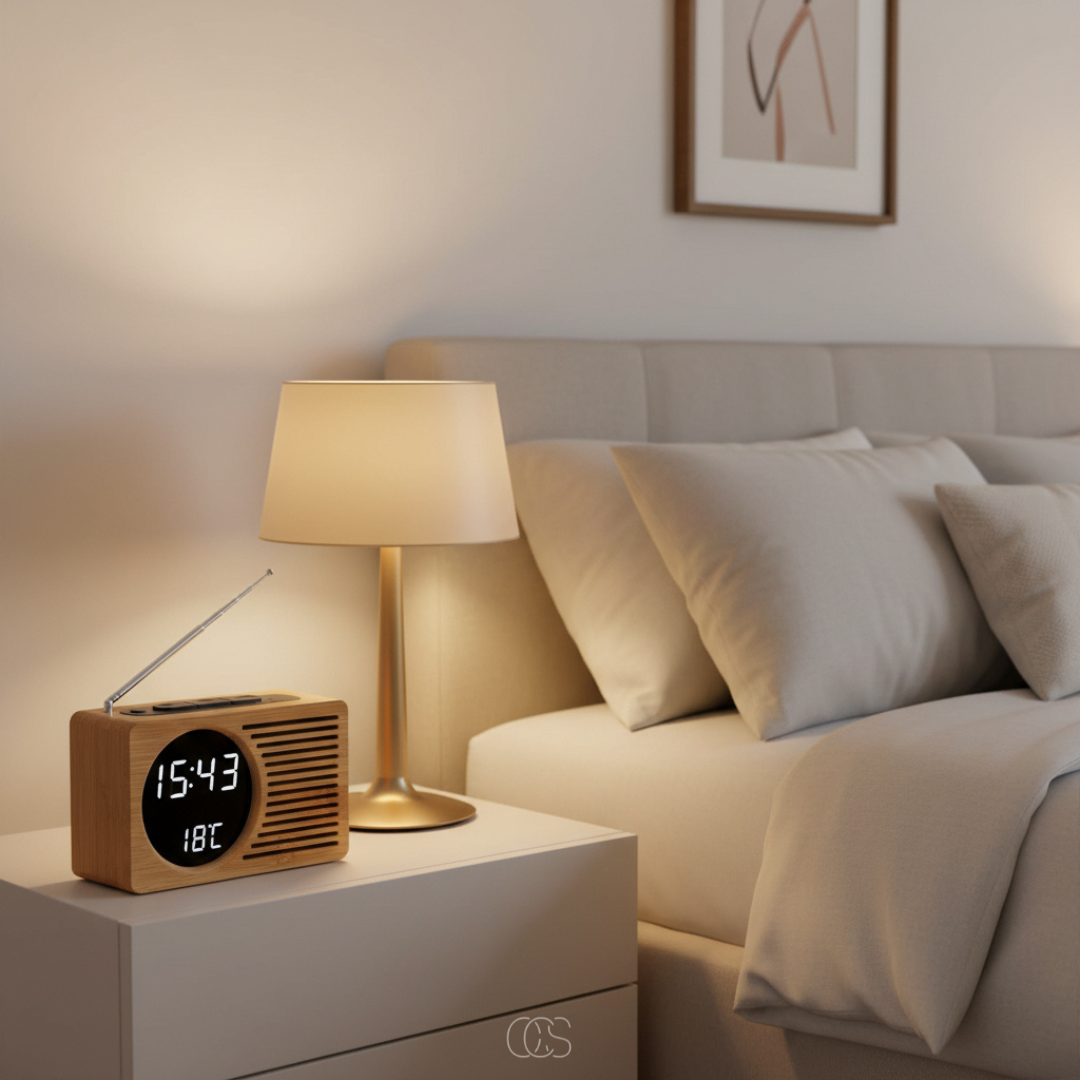 Reloj despertador digital de madera con radio FM, puerto USB y termómetro. Estilo minimalista para el dormitorio.