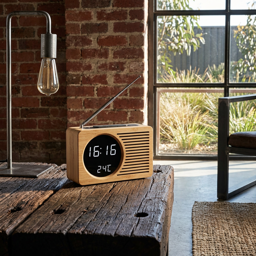 Reloj despertador digital de madera con radio FM, pantalla LED y función de temperatura para mesita de noche.