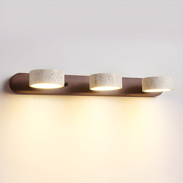 Aplique de pared de travertino y nogal, perfecto para baño o sala, diseño elegante y versátil.