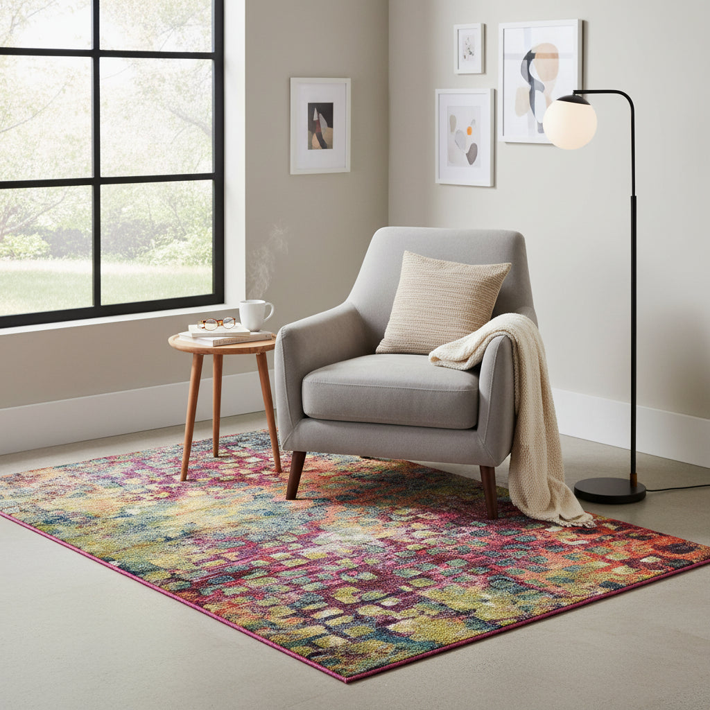 Alfombra de mezcla de lana, diseño abstracto de mosaico vibrante para un hogar contemporáneo.