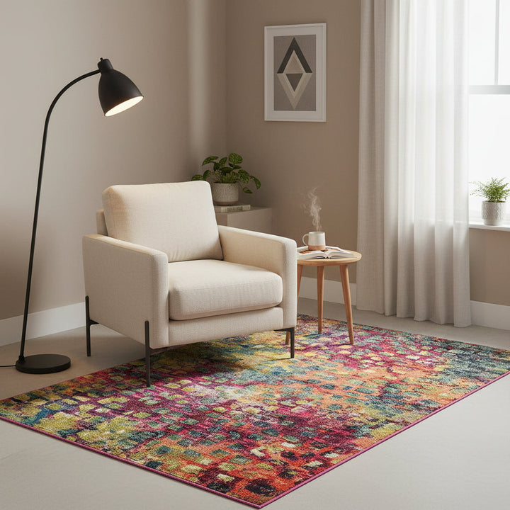 Alfombra de diseño moderno y abstracto, con mezcla de lana multicolor para cualquier espacio del hogar.