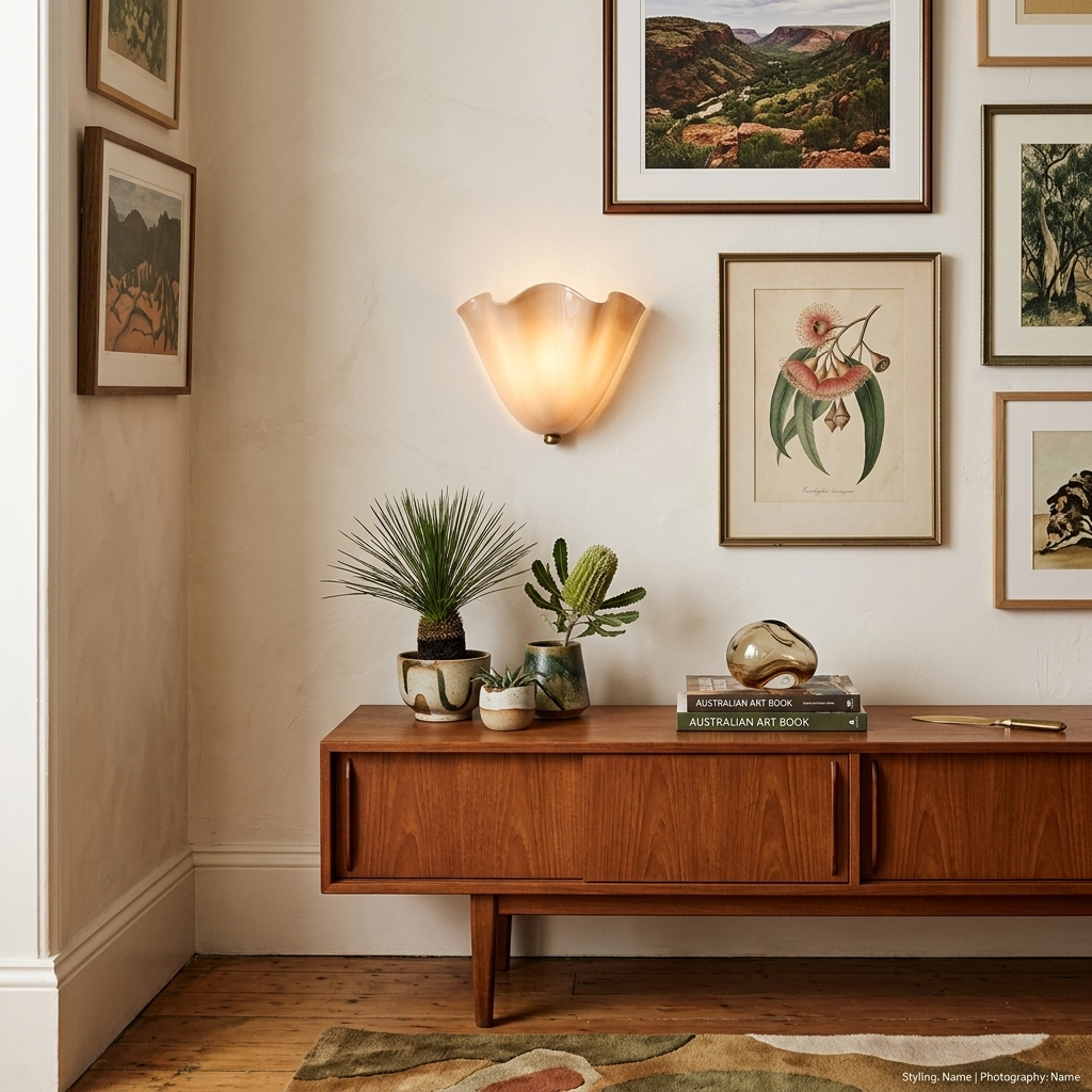 Aplique de pared de vidrio vintage con pantalla concha para luz ambiental elegante en decoración hogar.