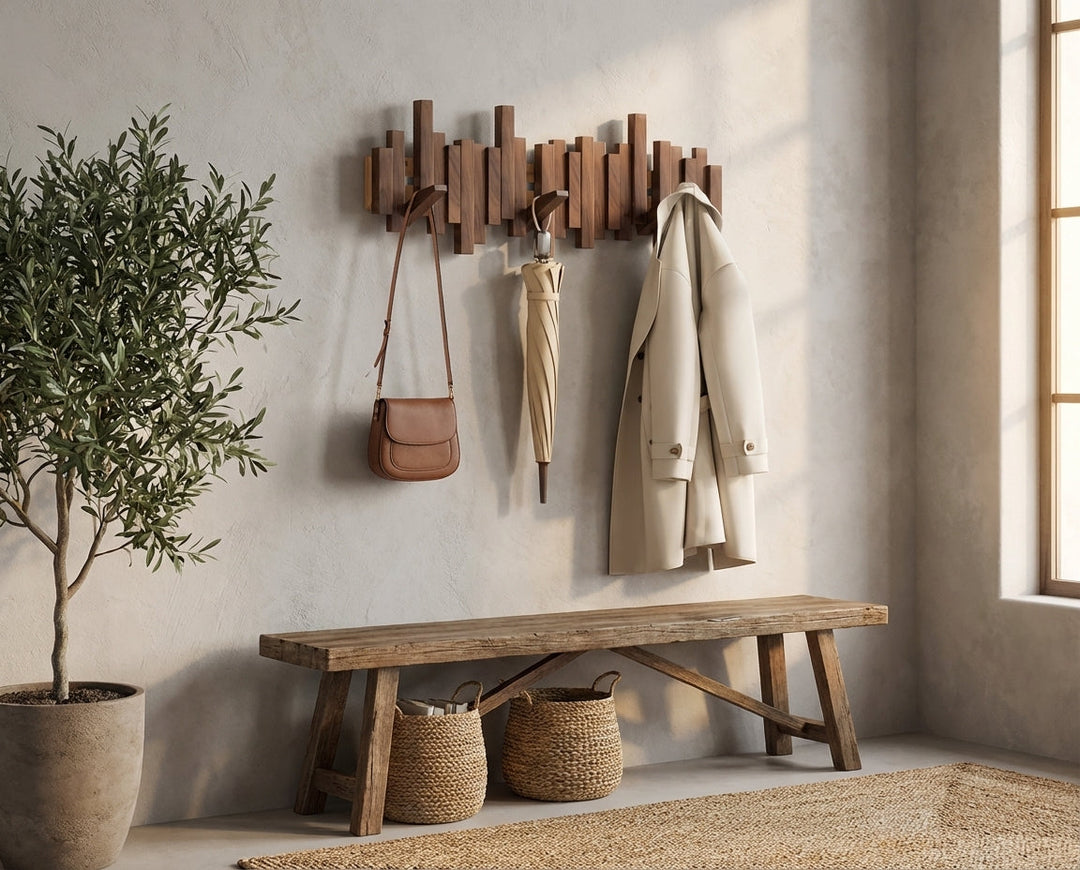 Perchero de pared elegante con ganchos plegables. Ideal para organizar abrigos y accesorios en la entrada.