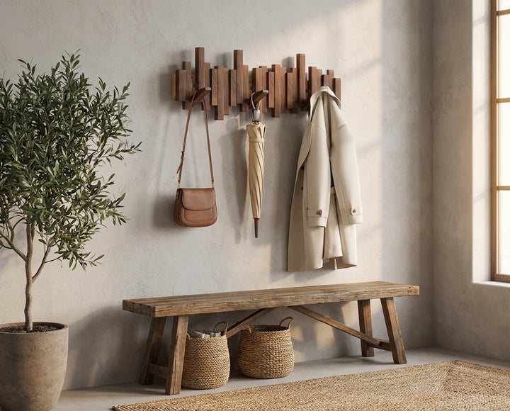 Perchero de pared elegante con ganchos plegables. Ideal para organizar abrigos y accesorios en la entrada.