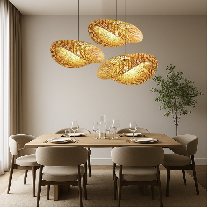 Lámpara colgante escultórica Möbius moderna. Diseño orgánico fluido para iluminación elegante de sala o comedor.
