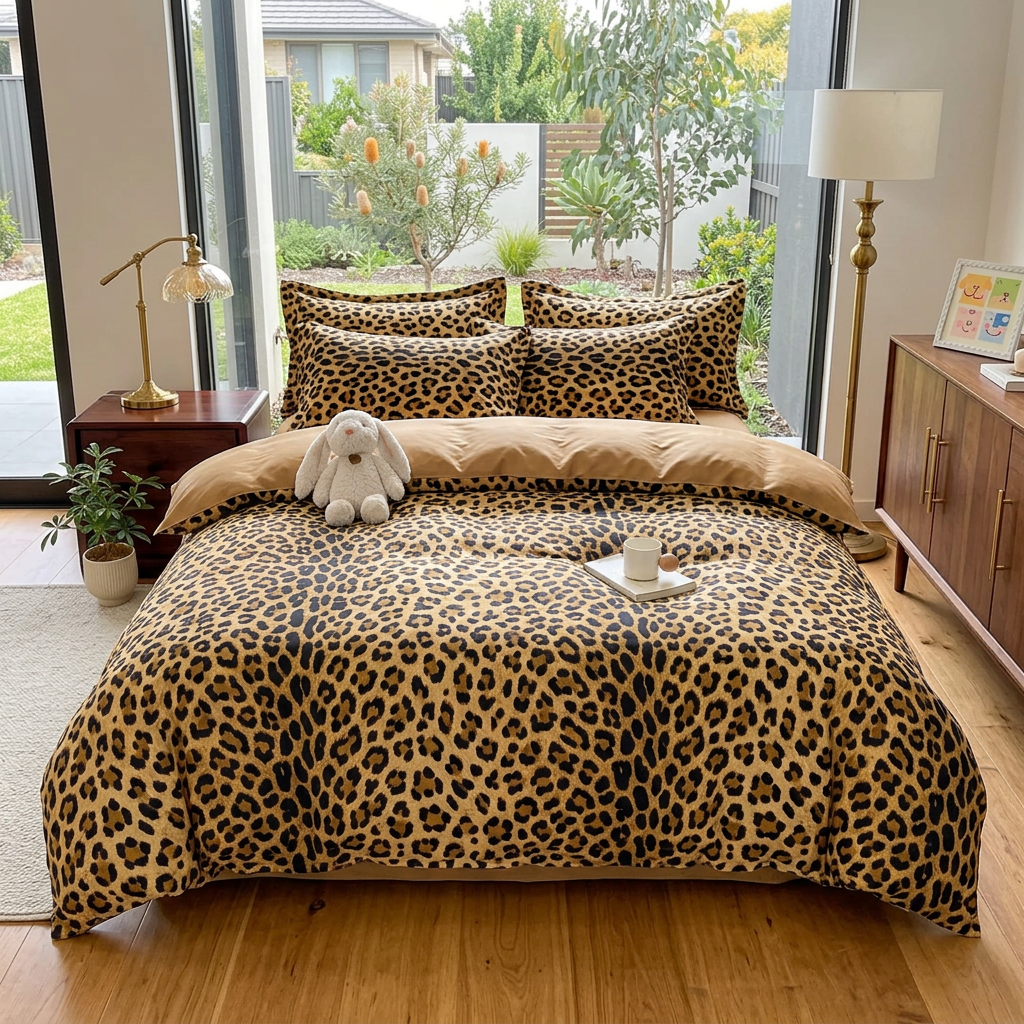 Funda de edredón moderna con estampado de leopardo marrón para cama, hecha de microfibra, ideal para decoración de dormitorio.