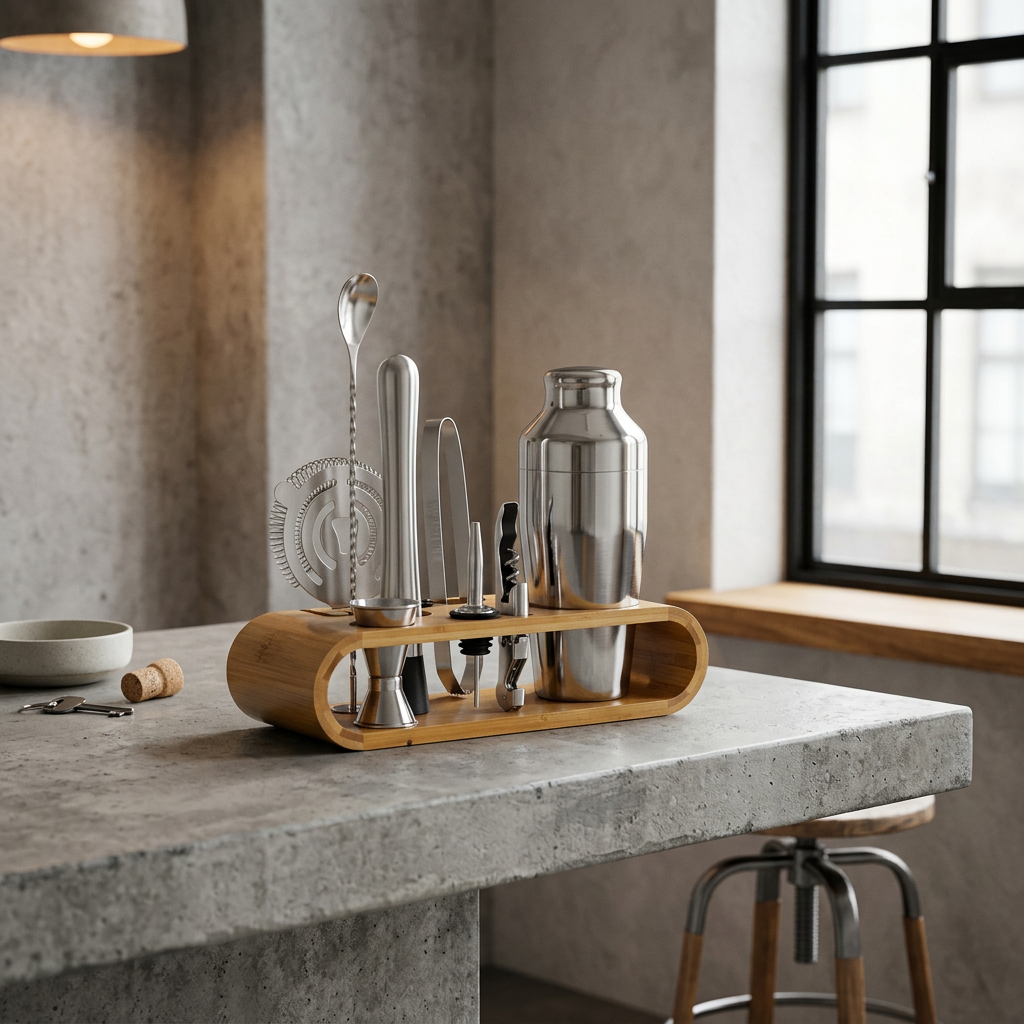 Conjunto de cócteles profesional de acero inoxidable con soporte de bambú, ideal para bartenders y el hogar.