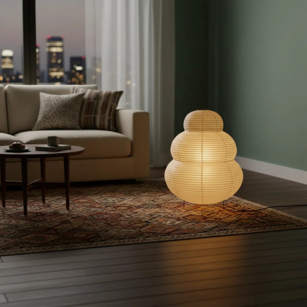 Lámpara de suelo japonesa esférica minimalista de papel de arroz, ideal para luz ambiental en interiores.