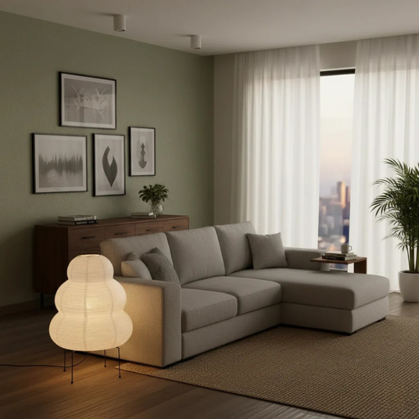 Lámpara de suelo minimalista estilo shoji que aporta serenidad y luz cálida a la decoración del hogar.
