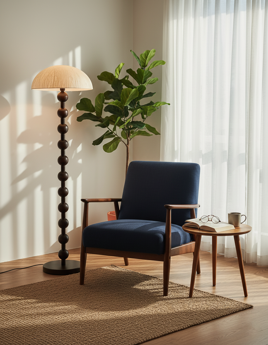 Lámpara de suelo estilo Japandi con detalles de cuentas. Ideal para decoración minimalista y ambientes wabi-sabi.