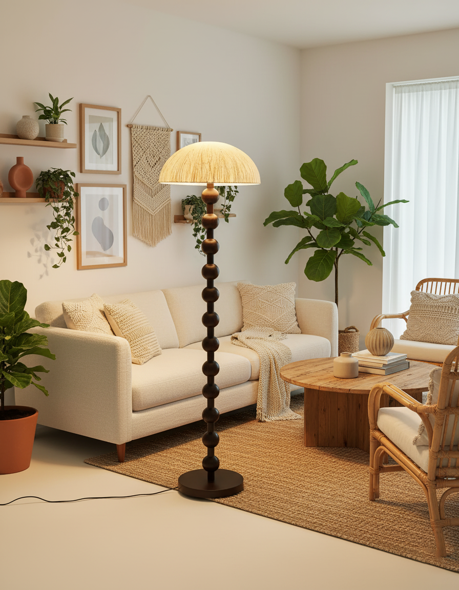 Lámpara de pie de cuentas decorativas, ideal para crear un ambiente acogedor. Iluminación contemporánea para tu hogar.