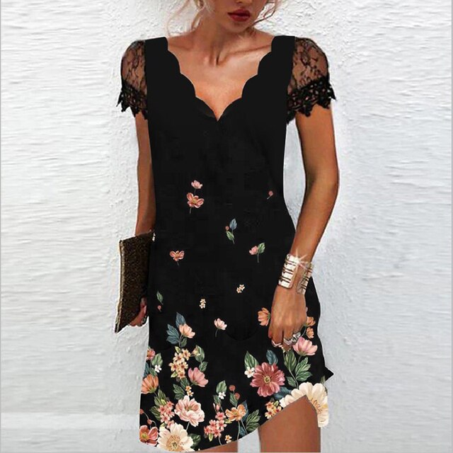 Vestido femenino mini de verano con encaje, cuello V. Manga capuchina. Ideal para lucir fresca y a la moda.
