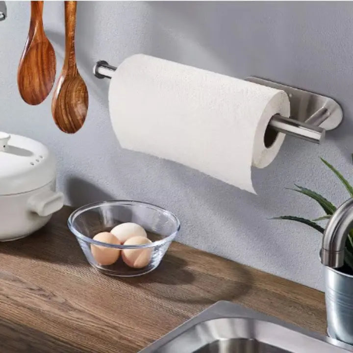Organizador de papel toalla de cocina, montaje en pared sin taladrar. Acero inoxidable elegante y duradero para tu hogar.