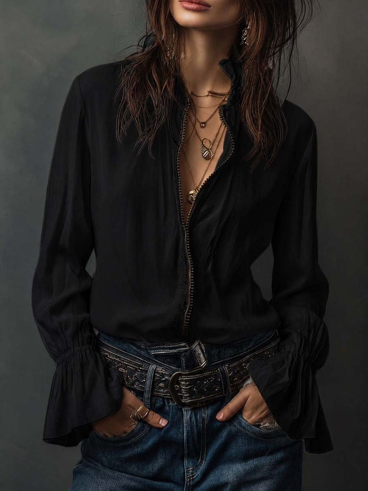 Top de mujer casual, blusa manga larga con cremallera frontal, cuello camisero, ideal para diario.