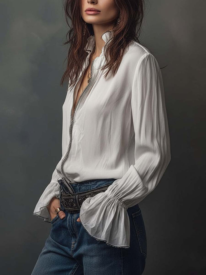 Camisa blusa mujer manga larga, cremallera, cuello camisero. Versátil para looks casuales y elegantes.