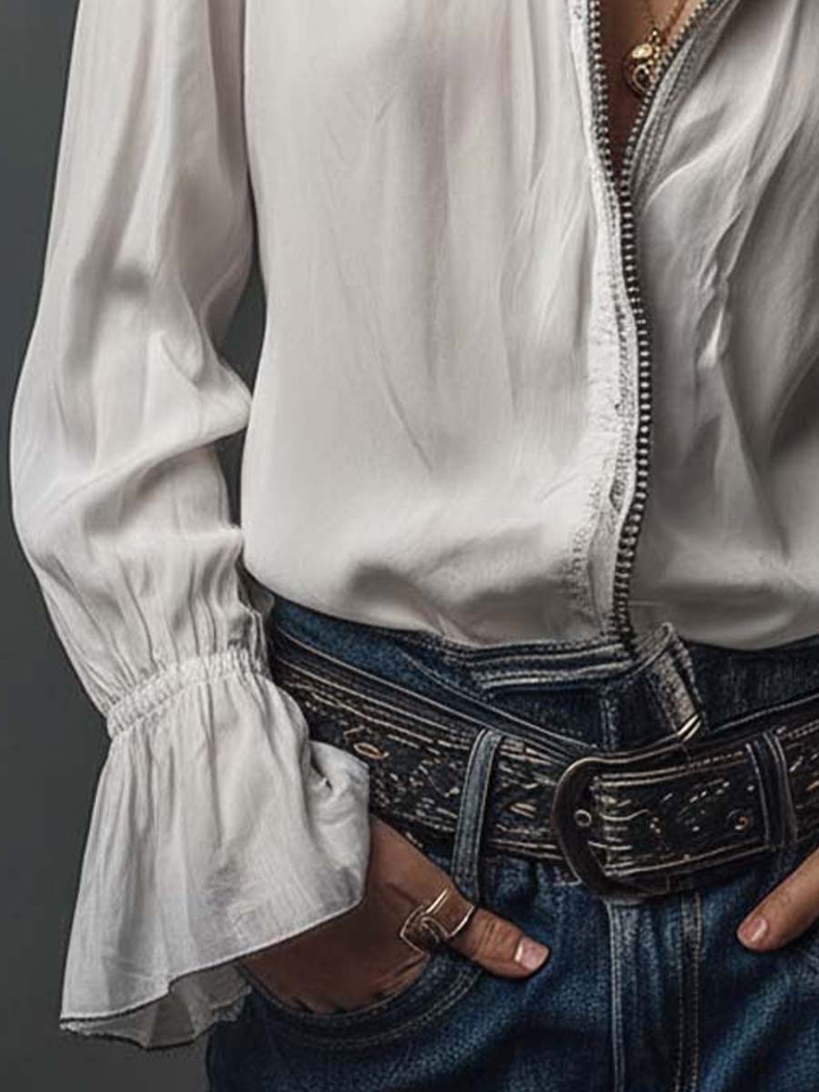 Blusa casual mujer manga larga, cuello camisero con cremallera. Top cómodo para estilo diario.