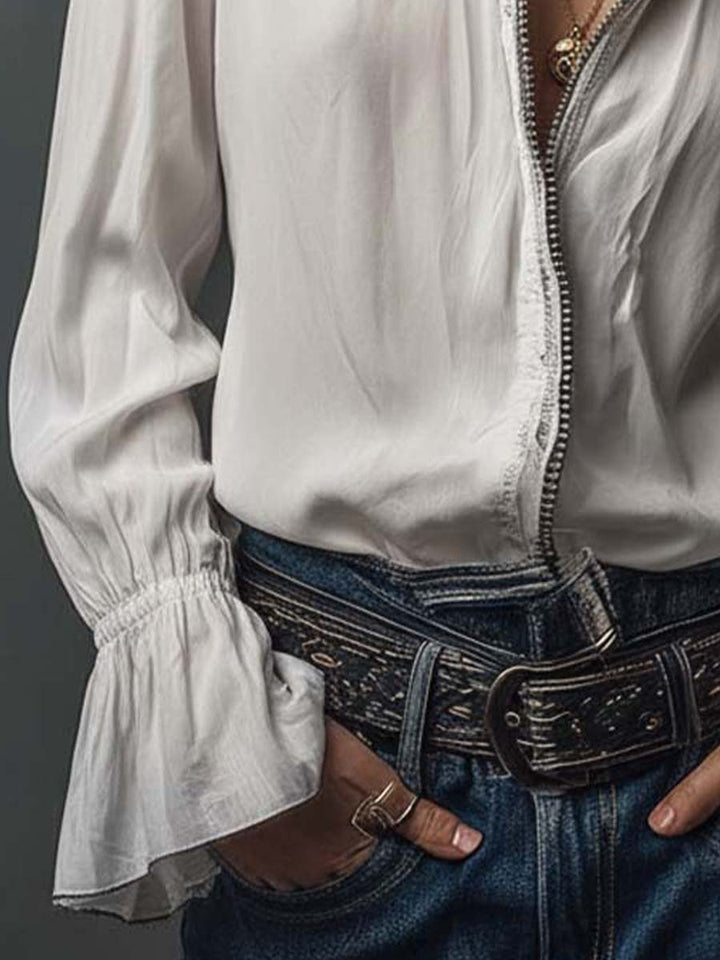 Blusa casual mujer manga larga, cuello camisero con cremallera. Top cómodo para estilo diario.