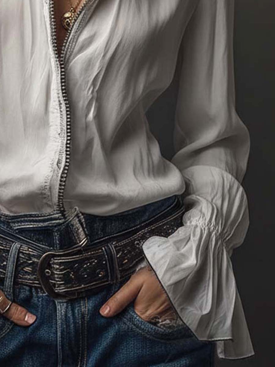 Blusa camisera de mujer manga larga con cremallera, casual y elegante para look de primavera.