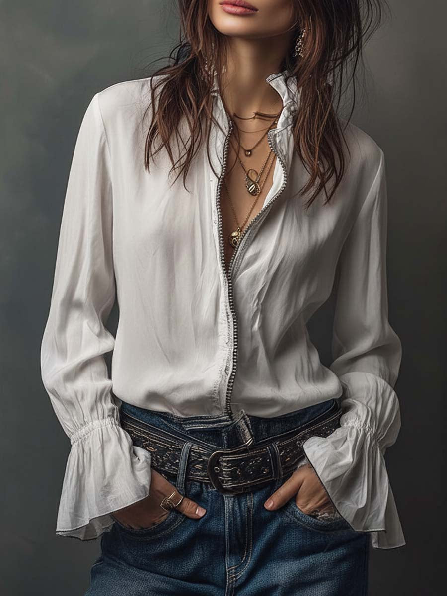 Blusa de mujer manga larga, cuello camisero con cremallera, estilo elegante y chic para primavera.