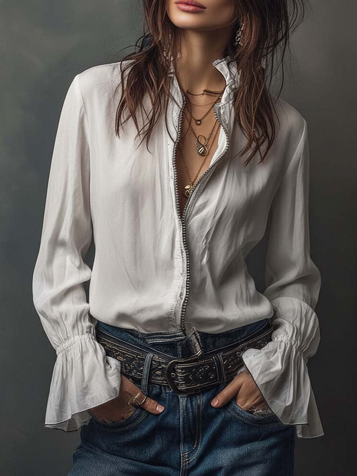 Blusa de mujer manga larga, cuello camisero con cremallera, estilo elegante y chic para primavera.