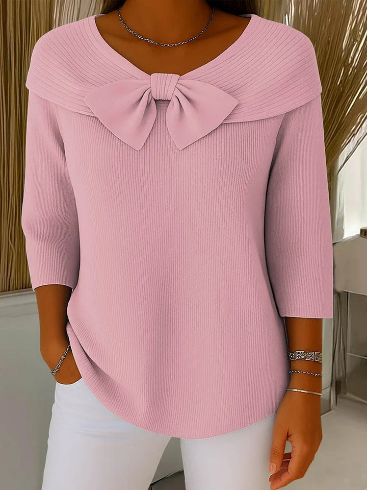 Top femenino de primavera, blusa con cuello V y lazo. Diseño texturizado y manga larga para looks versátiles.