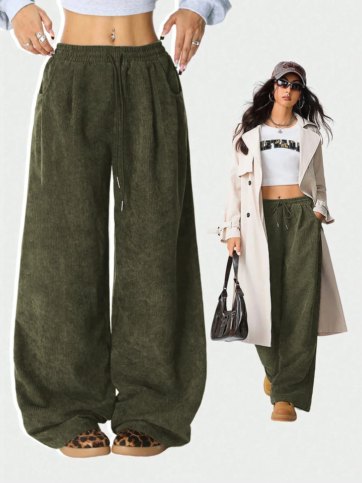 Pantalones de pana mujer, pierna ancha, cordón para ajustar. Perfectos para moda urbana y confort.
