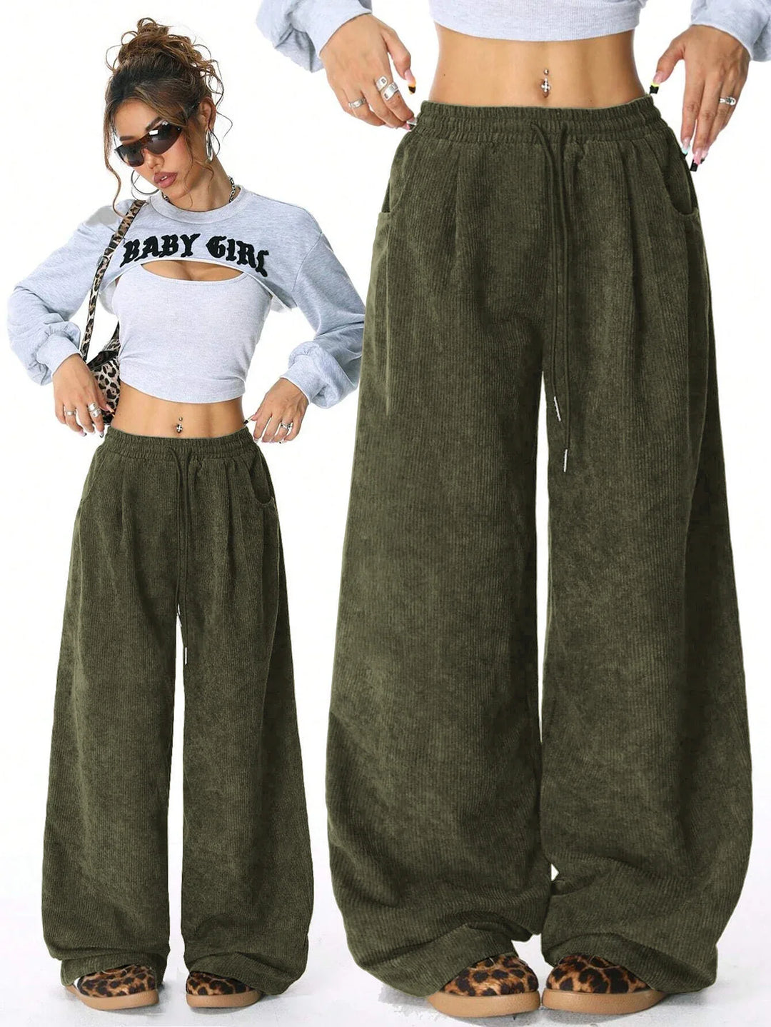 Primer plano de tela de pana en pantalones de mujer pata ancha, detalle de cordón ajustable.