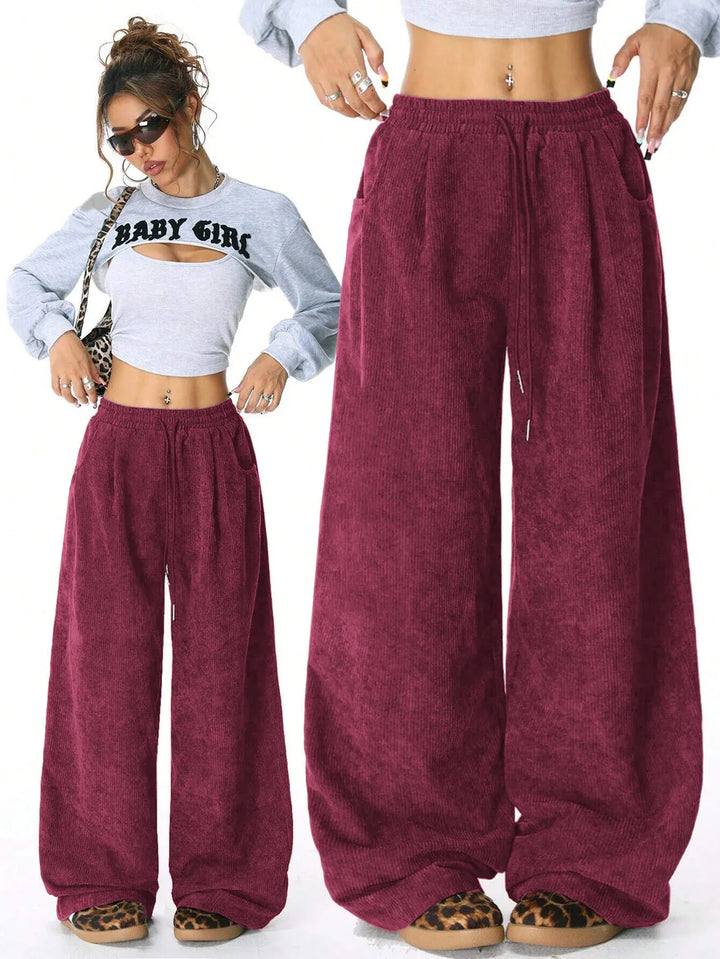 Pantalones de mujer pata ancha en pana, cómodos y de moda, con cordón para un ajuste perfecto.