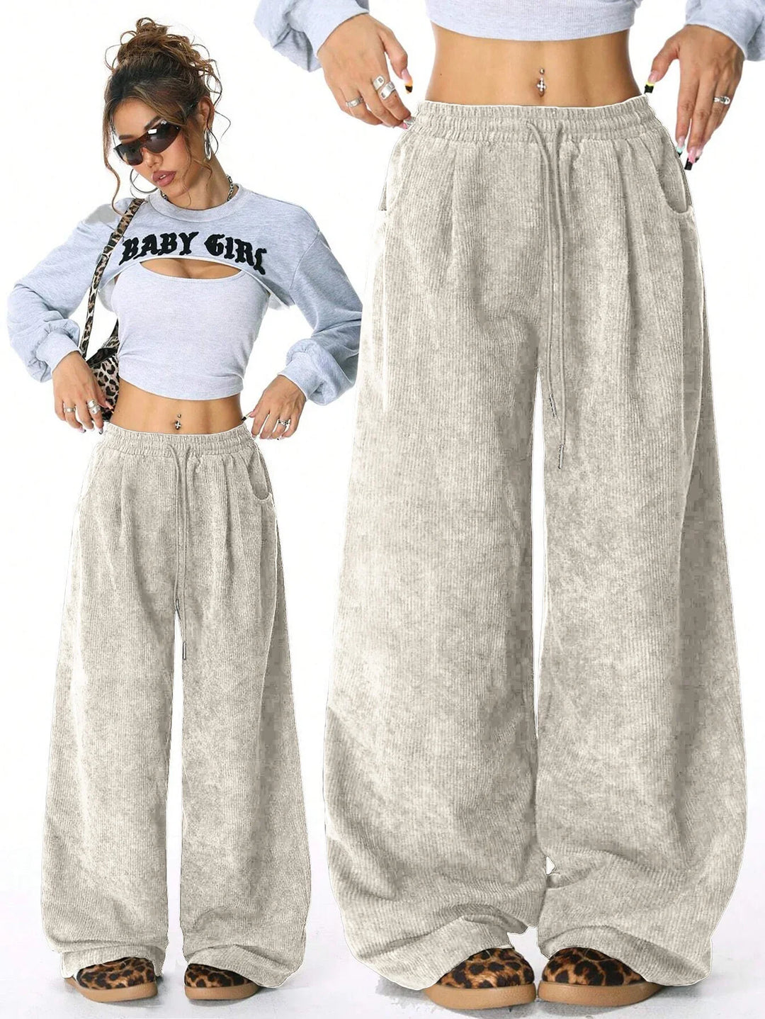 Textura de pana en pantalones anchos para mujer, cordón en la cintura. Estilo casual y urbano.