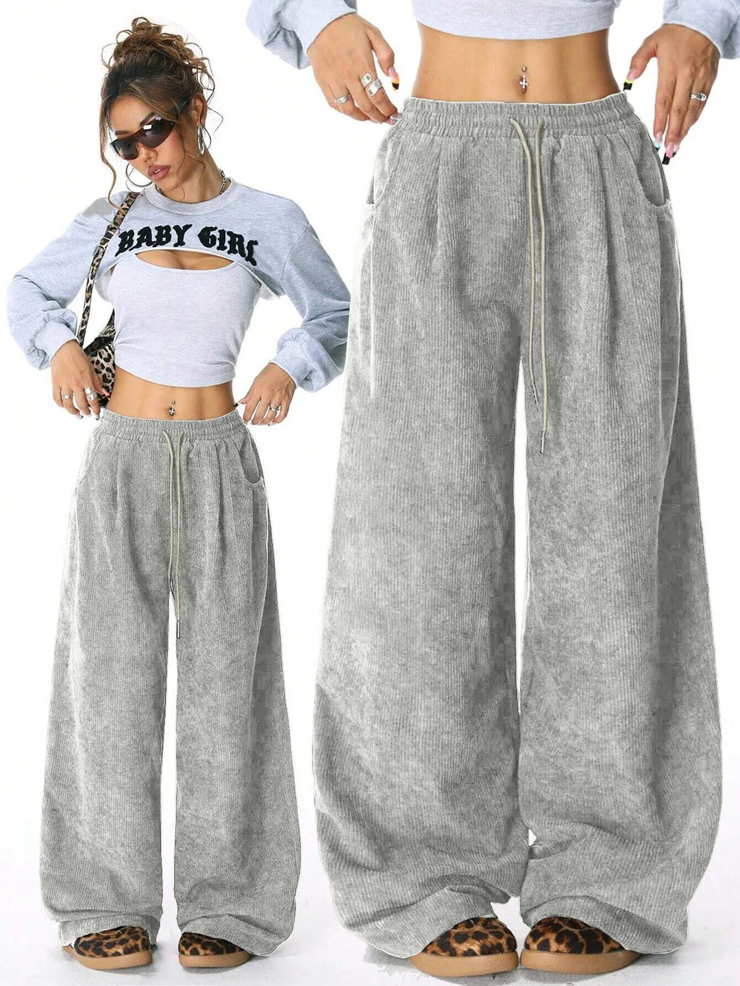 Pantalones de pana para mujer, diseño de pata ancha y cordón. Versátiles para looks casuales.