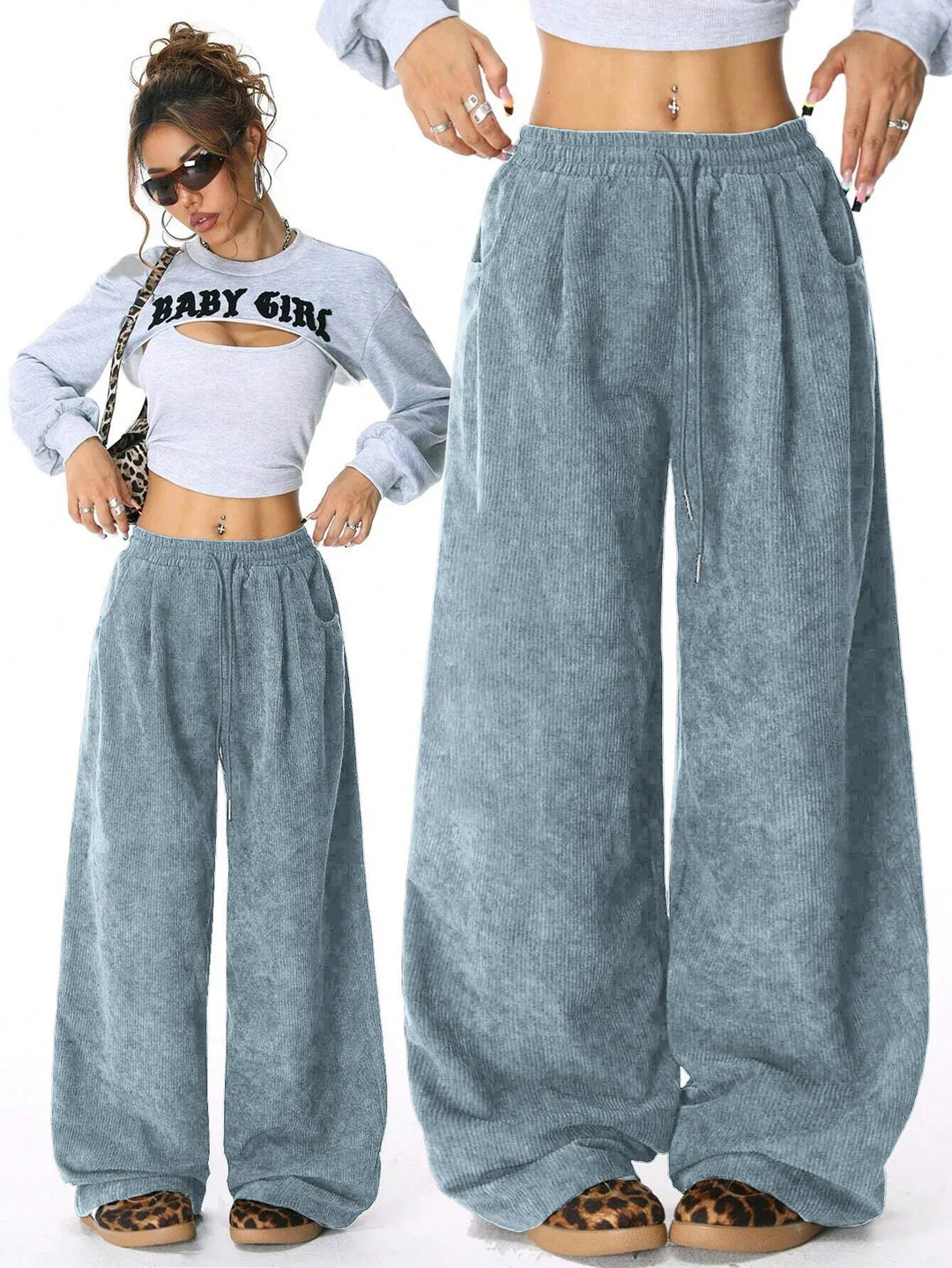 Pantalones de pana mujer pata ancha con cordón ajustable. Estilo casual, comodidad urbana.