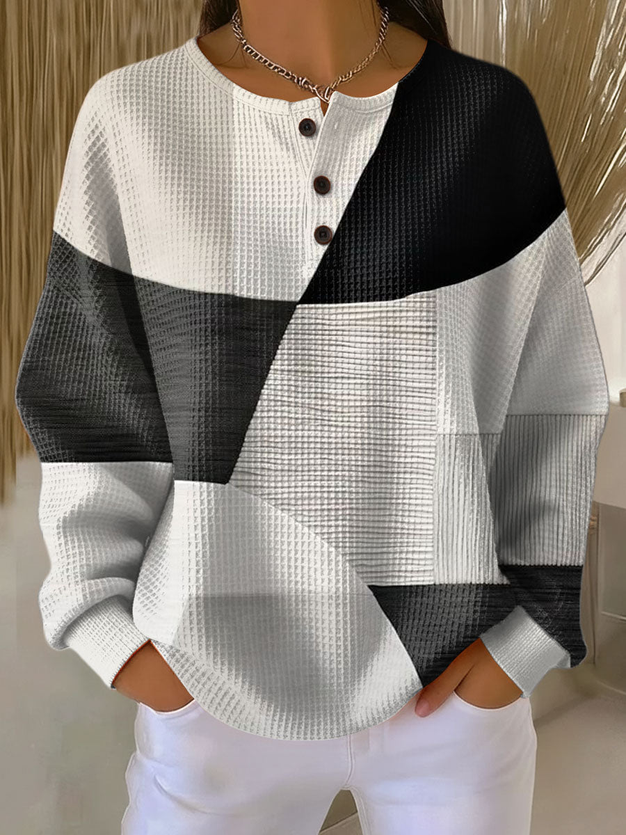Jersey de punto bicolor para mujer en negro y blanco, estilo gofre, ideal para otoño/invierno, casual y cómodo.