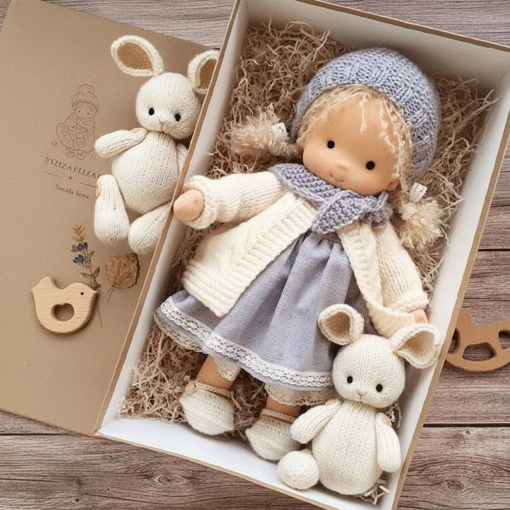 Muñeca Waldorf Selina de algodón natural, fomenta la creatividad infantil.