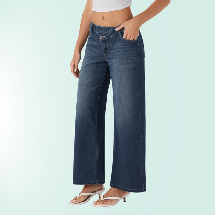 Vaqueros mujer pierna ancha, tiro bajo asimétrico. Elásticos para estilo casual cómodo.