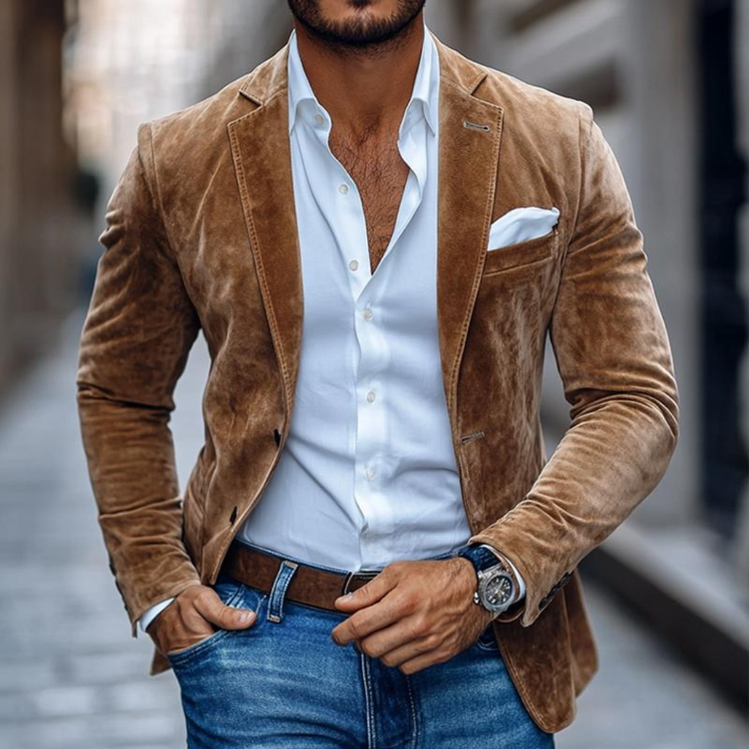 Blazer beige cruzado elegante de hombre, perfecto para combinar con ropa formal o casual chic.