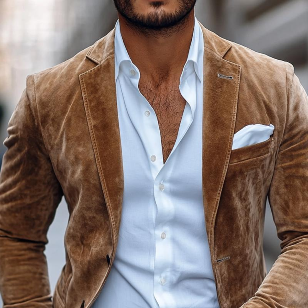 Americana de hombre en color beige, con corte entallado y doble botonadura, diseño sofisticado.