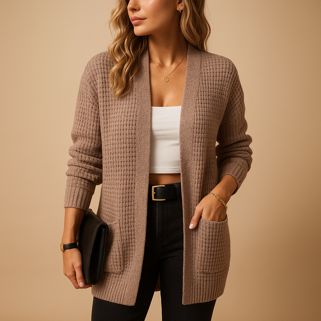 Cárdigan de punto waffle para mujer, cuello en V, estilo relajado y con bolsillos para moda de otoño.