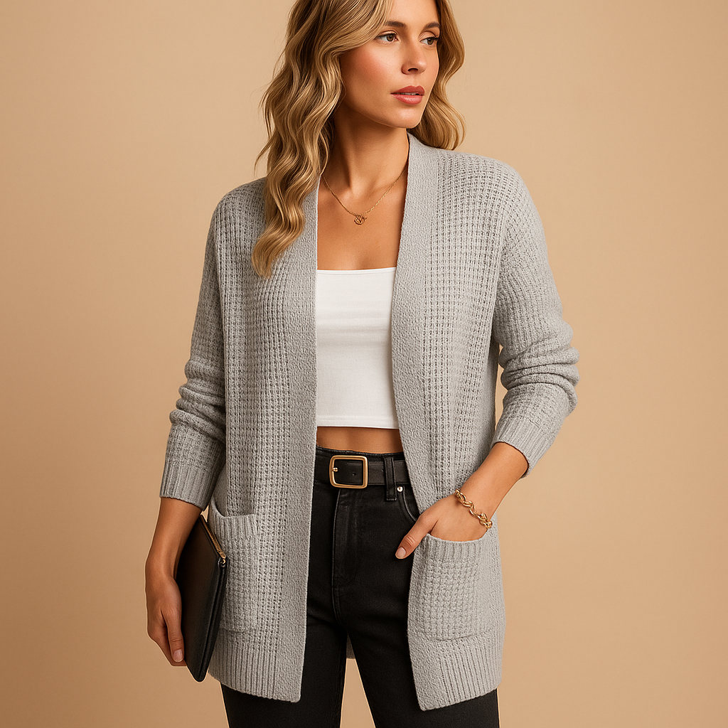 Cárdigan de punto suave para mujer, corte relajado con bolsillos, ideal para moda casual de otoño e invierno.