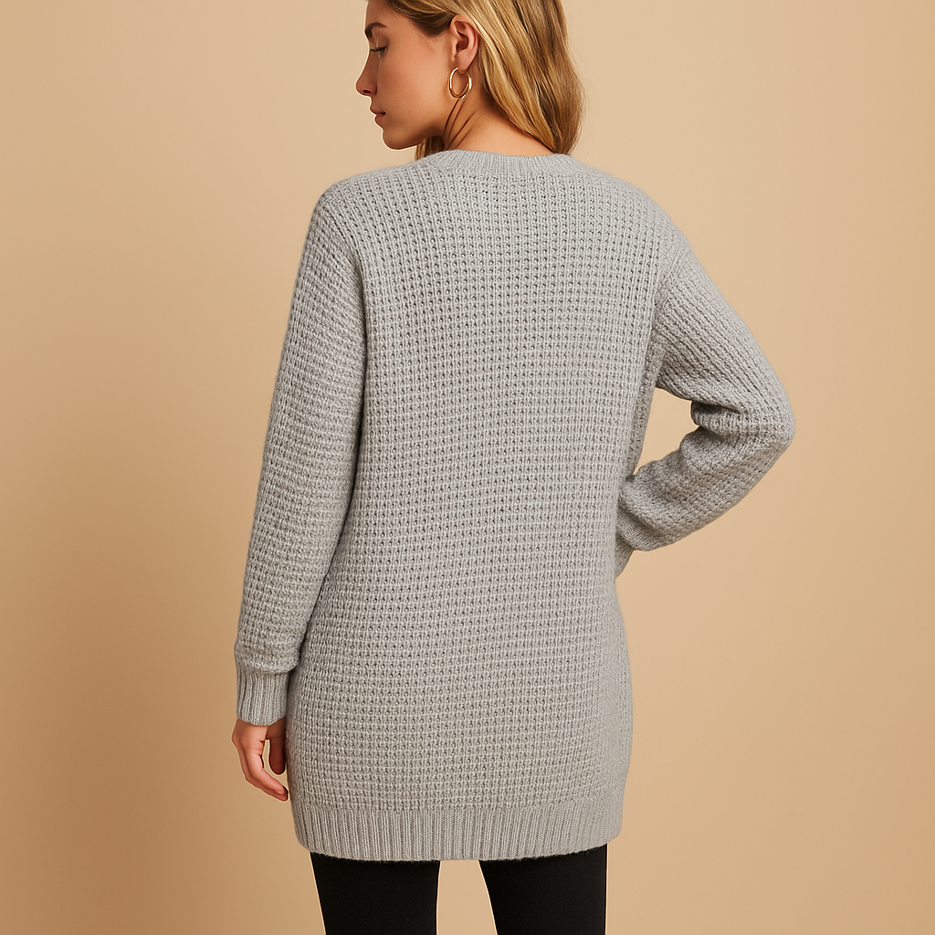 Cárdigan de punto waffle relajado para mujer, con prácticos bolsillos, ideal para moda casual de otoño e invierno.