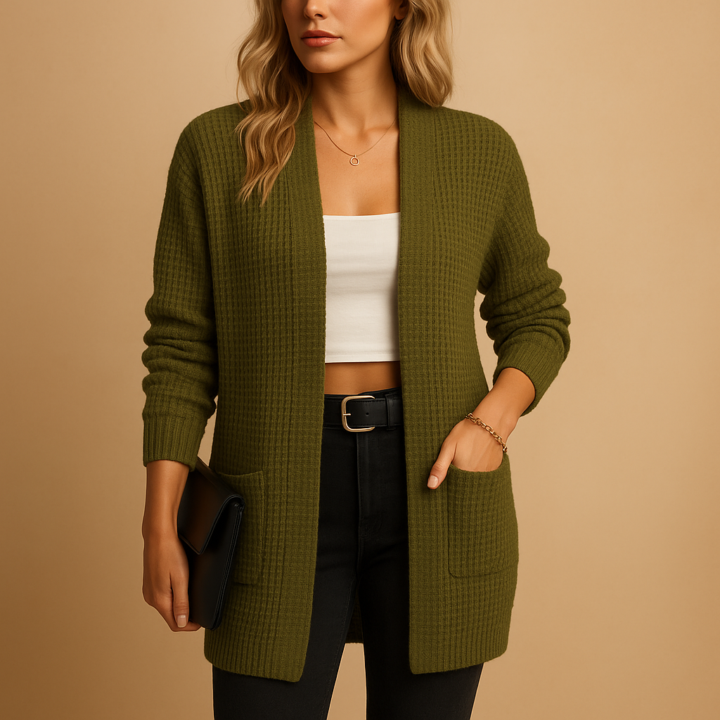 Cárdigan de punto relajado para mujer con bolsillos, estilo casual de otoño e invierno.