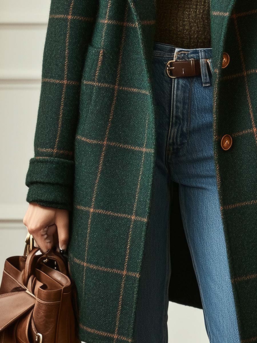 Abrigo de lana largo a cuadros en tonos verde oscuro para mujer. Perfecto para looks de entretiempo.