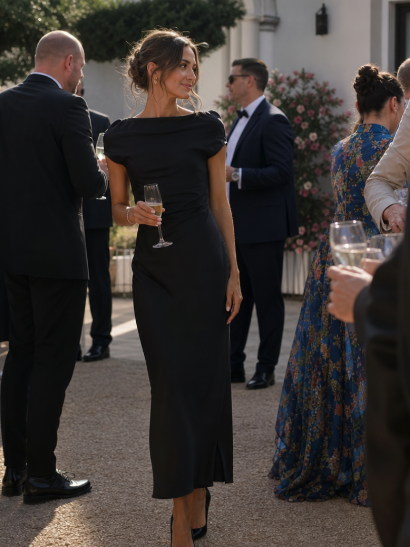 Vestido de fiesta midi de satén, diseño cruzado, elegante y femenino para invitadas.