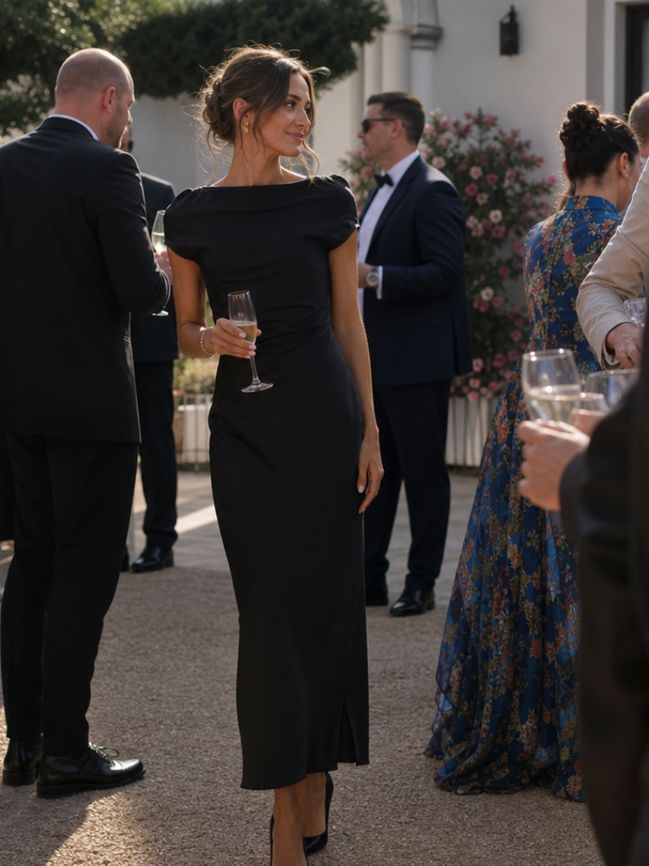 Vestido de fiesta midi de satén, diseño cruzado, elegante y femenino para invitadas.