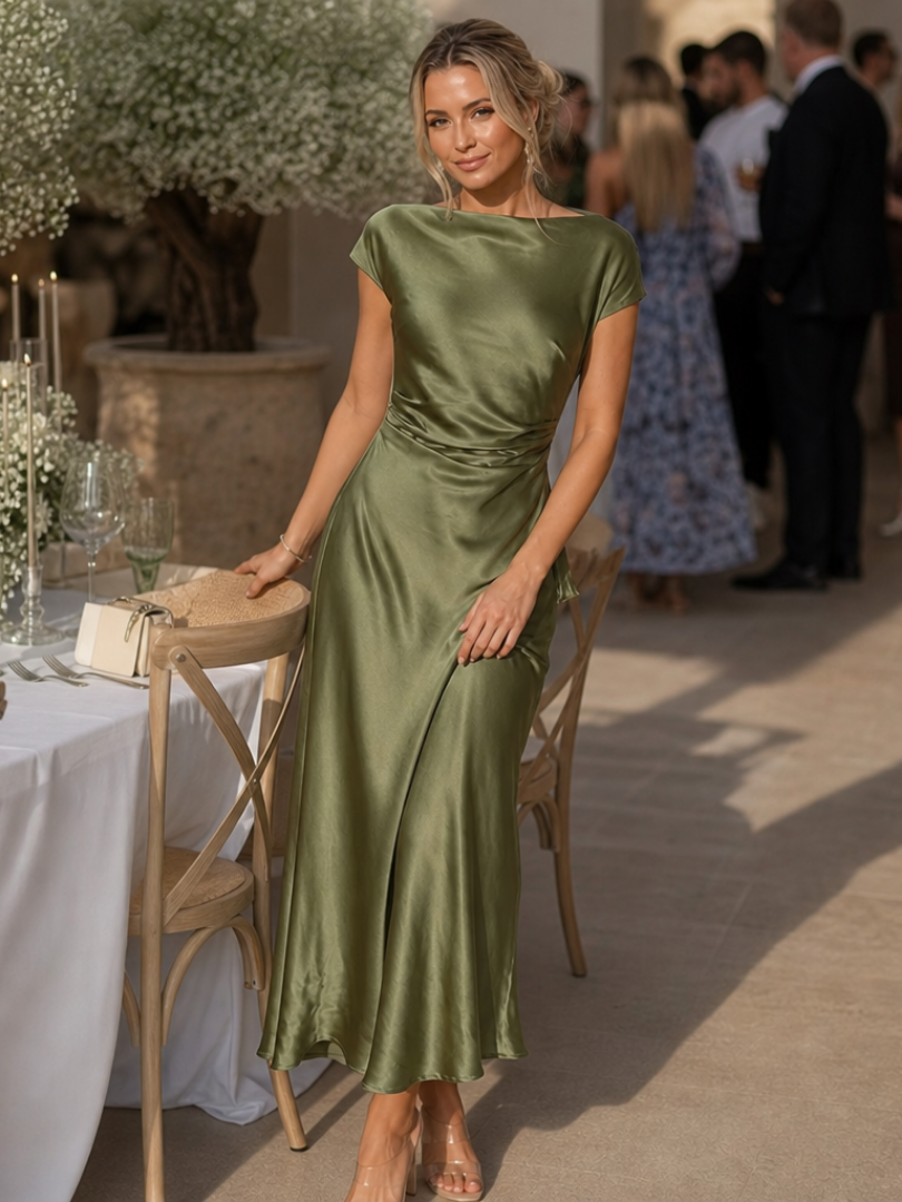 Vestido de satén midi con detalle cruzado, un look femenino para cualquier celebración.
