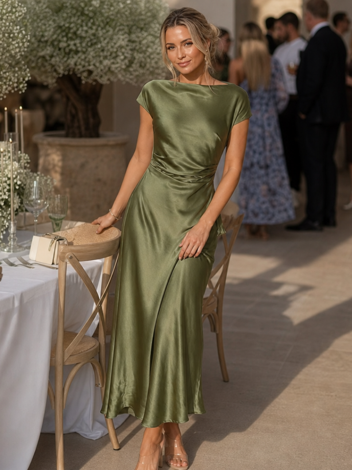Vestido de satén midi con detalle cruzado, un look femenino para cualquier celebración.