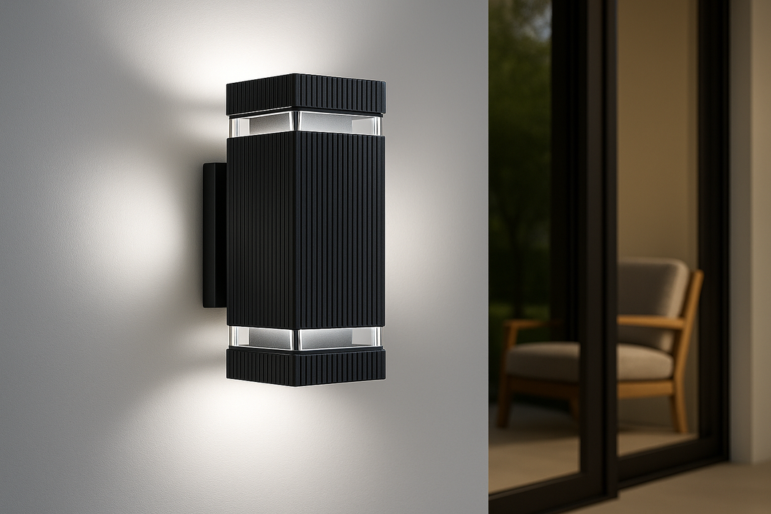 Lámpara exterior GU10 para iluminación de pared, balcón, porche o jardín. Diseño negro IP65 moderno.