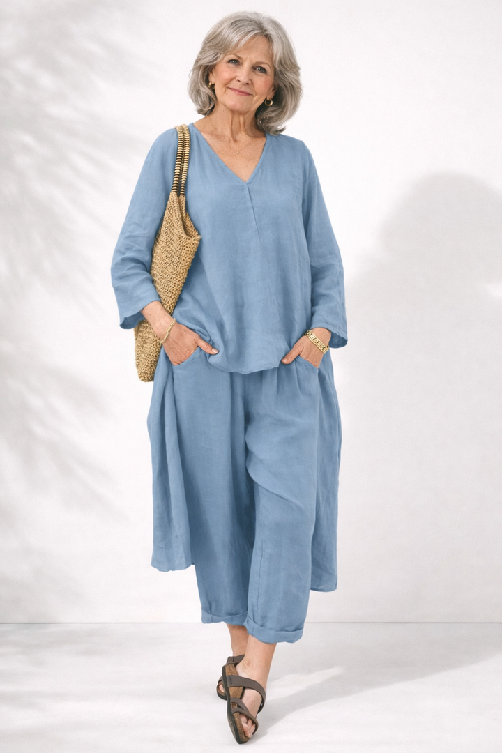Conjunto moderno de dos piezas para mujer con escote en V y bolsillos, estilo casual elegante, cómodo y versátil.
