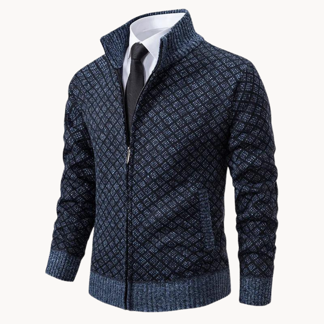 Cómoda chaqueta jacquard para hombre, de punto suave, ideal para un look casual y versátil de invierno.